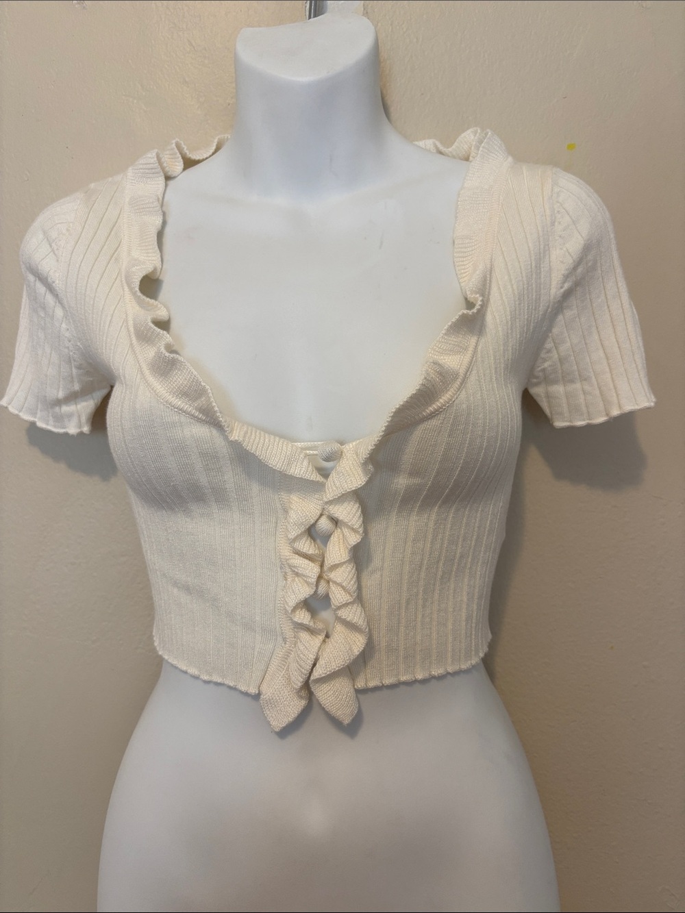 Cream Ruffle-Front Ribbed Crop Top